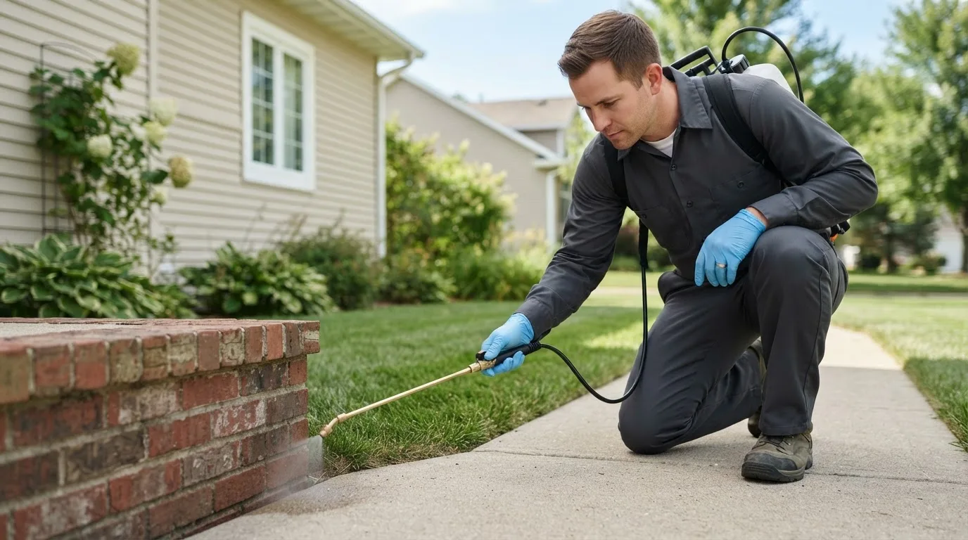 Pest control technician treating a home near Bucklin, KS